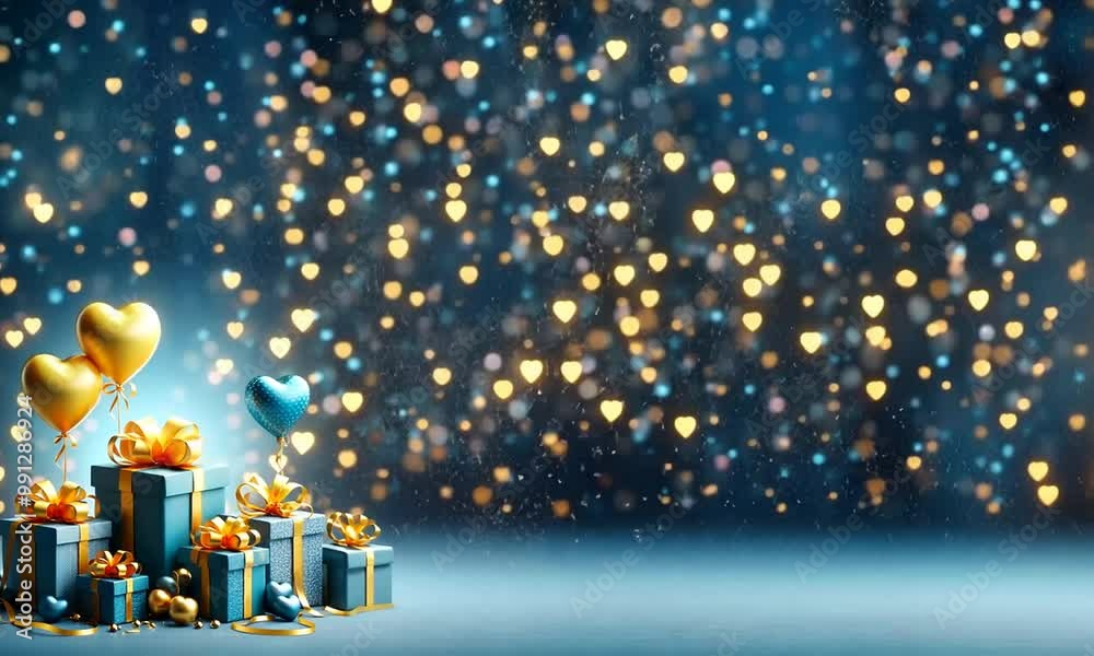 Neige tombant sur des paquets cadeaux bleus et jaunes accompagnés de ballons assortis, sur fond pailleté avec effet bokeh bleu, scène festive et hivernale