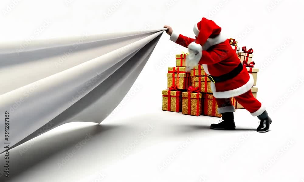 Le Père Noël lutte pour rattraper son énorme hotte qui s'envole, laissant apparaître des cadeaux de Noël dorés, scène festive, drôle et pleine de magie