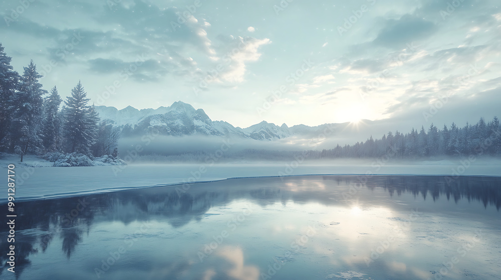Fototapeta premium Winter wonderland with a frozen lake, snow-covered mountains in the distance, and a soft, cloudy sky