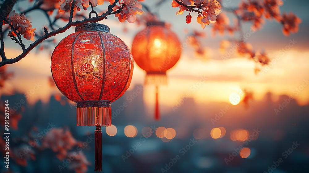 Obraz premium Chinese Festival Atmosphere Red Lantern & Blossom Illustration Wallpaper