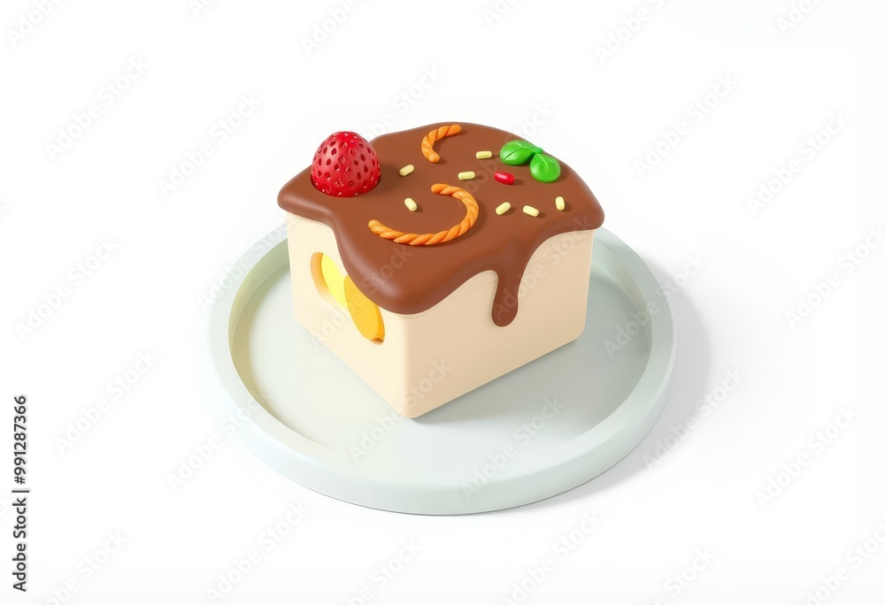 3D rendered square cake with chocolate icing, sprinkles, a strawberry, and a green leaf on a light blue round plate against a white background. 3D rendered square cake with chocolate icing, sprinkles, a strawberry, and a green leaf on a light blue round plate against a white background.