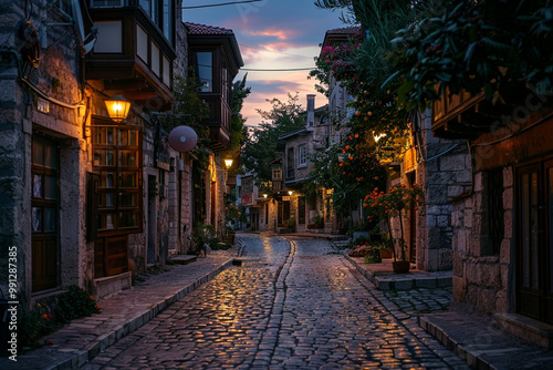 A narrow cobblestone street with old buildings along it. A quiet dusk.