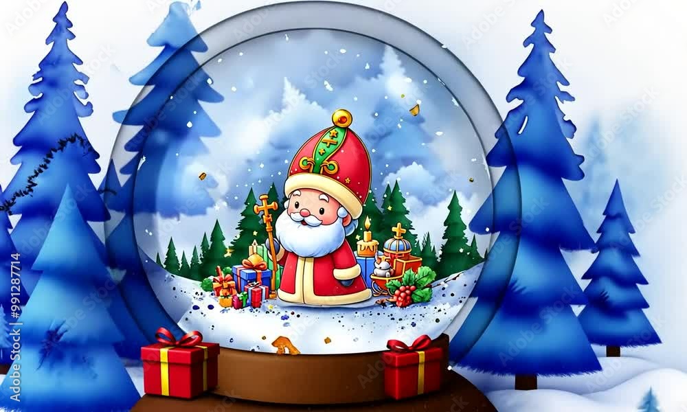 Saint Nicolas dans une boule à neige secouée, sur fond de forêt de style aquarelle en tonalité bleue, ambiance hivernale et festive avec un charme nostalgique enfantin