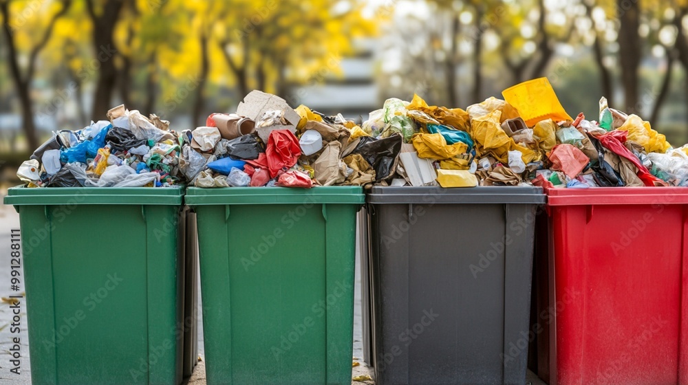 Overflowing colorful recycling bins in urban park highlight waste management challenges amid autumn foliage, emphasizing need for sustainable practices. Overflowing colorful recycling bins in urban park highlight waste management challenges amid autumn foliage, emphasizing need for sustainable practices.