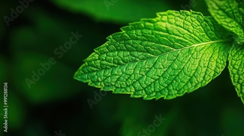 Close-up of fresh green mint leaf on a dark background.