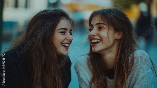 Joyful moment captured: two young women with long dark hair share genuine laughter, their faces lit up with happiness in a soft, dreamy outdoor setting.