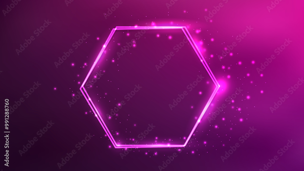 Neon double hexagon frame with shining effects and sparkles Neon double hexagon frame with shining effects and sparkles