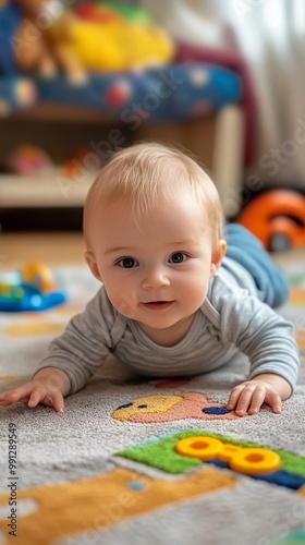 Adorable baby exploring colorful toys on plush carpet, showcasing early childhood development and curiosity in a warm, inviting home playroom setting.