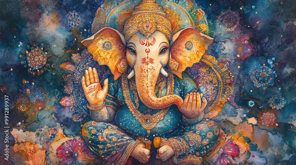 Obraz premium Vibrant watercolor illustration of Ganesha, showcasing intricate patterns and rich colors, symbolizing prosperity and wisdom.