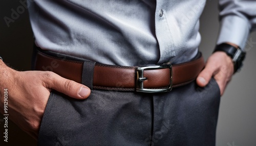 Wearing a leather belt aroung the man's body photo