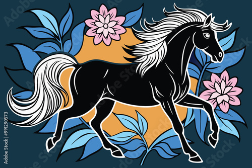 majestic horse prancing amid floral elements D.eps