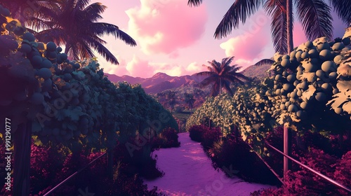 Cool 2D winery scene in a tropical paradise, grapevines growing beside palm trees, abstract style, hyper-real, sharp images