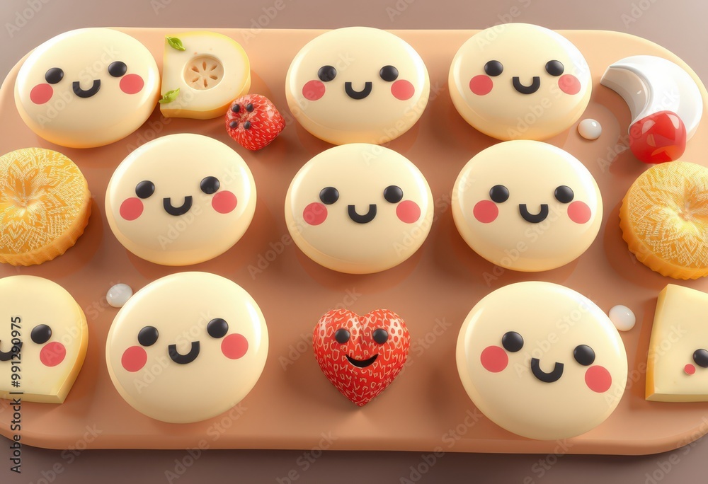 A 3D render of a tray of smiley faces with fruit and heart shapes.