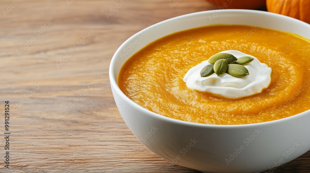 Creamy pumpkin soup topped with yogurt and pumpkin seeds, served in a white bowl on a rustic wooden table. Creamy pumpkin soup topped with yogurt and pumpkin seeds, served in a white bowl on a rustic wooden table.