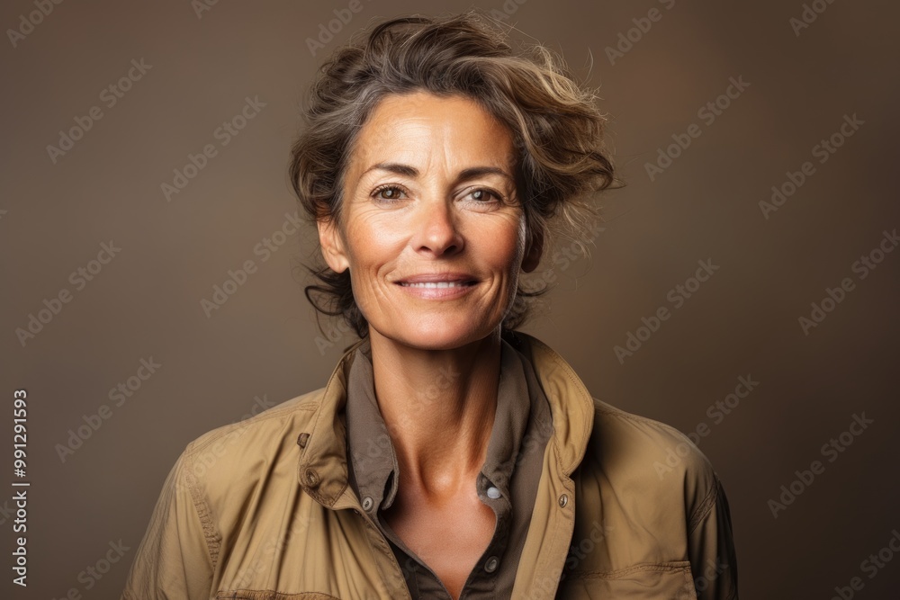 Portrait of a jovial woman in her 50s sporting a breathable hiking shirt while standing against soft brown background Portrait of a jovial woman in her 50s sporting a breathable hiking shirt while standing against soft brown background