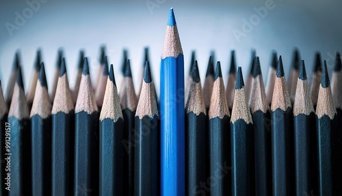 one blue pencil among black ones. business concept. blue pencil taller than the surrounding black pencils, symbolizing uniqueness, individuality, or standing out from the crowd. leadership