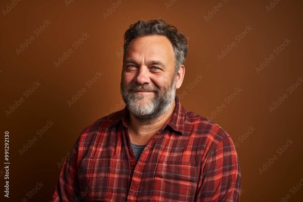 Portrait of a happy man in his 50s wearing a comfy flannel shirt isolated on soft brown background Portrait of a happy man in his 50s wearing a comfy flannel shirt isolated on soft brown background