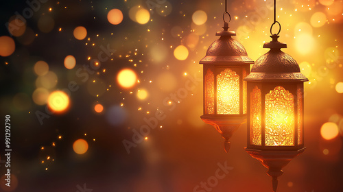 Radiant Eid background with lanterns and a soft, glowing light