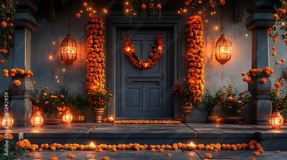 Decorated Entrance with Marigolds, Lanterns, and Candles Decorated Entrance with Marigolds, Lanterns, and Candles