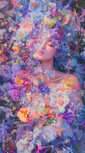 A top-down view of a flower goddess surrounded by a field of colorful blooms, her photo