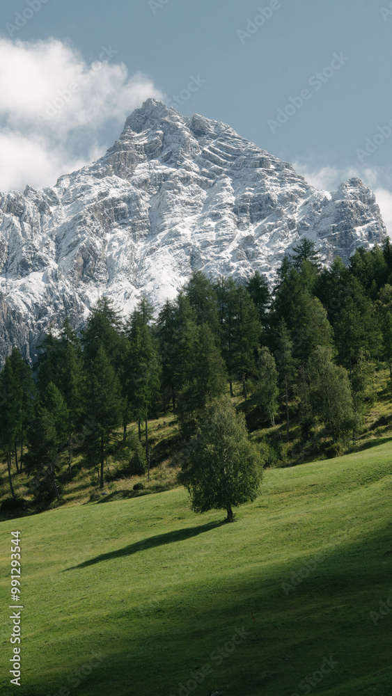 Idyllic alpine scenery in the Swiss Alps with rugged mountain peaks and green pastures