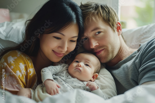 Young family is lying together in bed, enjoying a quiet moment with their newborn baby