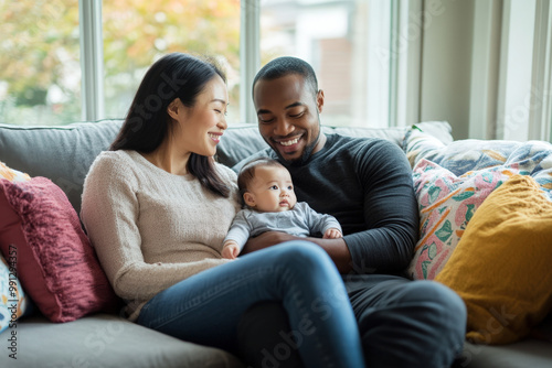 Young interracial family is spending time together at home, smiling and bonding with their newborn baby