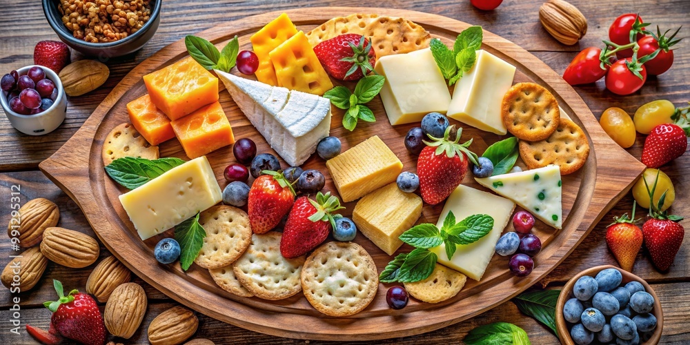 Colorful cheese platter with fruits and crackers. Colorful cheese platter with fruits and crackers.