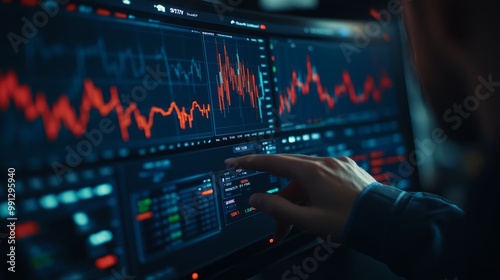 Close-up of hand interacting with a stock market graph on a computer screen. photo