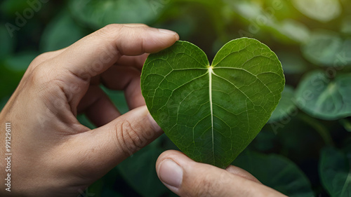  Close up of Hand Holding a Heart Shape Green leaf