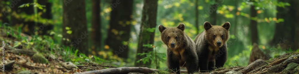 Two bears are standing in a forest. The bears are small and cute, and the forest is lush and green Two bears are standing in a forest. The bears are small and cute, and the forest is lush and green