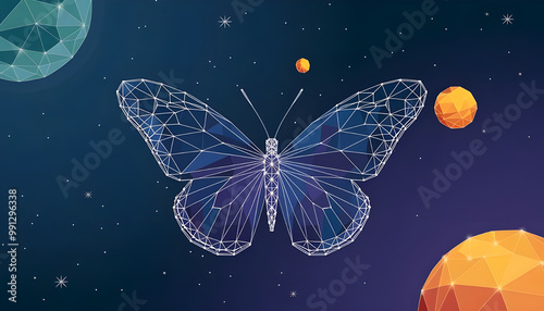 Butterfly composed of polygon. Low poly vector illustration of a starry sky or Comos. The digital flyer consists of lines, dots and shapes. Wireframe technology light connection structure.  photo