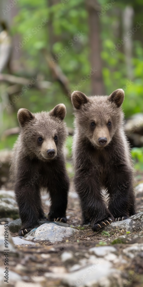 Obraz premium Two baby bears standing on a rocky ground. The bears are small and cute, and they seem to be enjoying their time in the forest