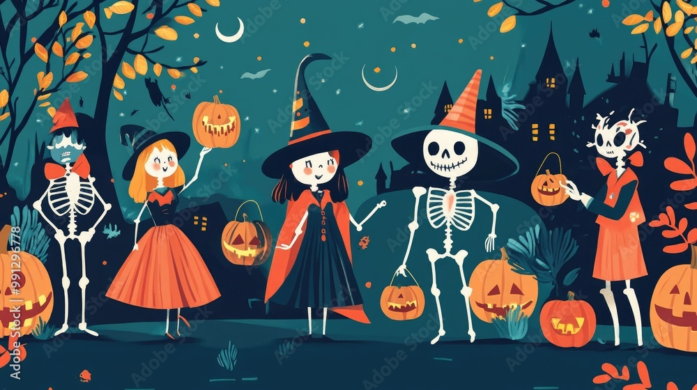 Fun and spooky Halloween costume ideas, including witches, skeletons, and zombies, illustrated for a playful design Fun and spooky Halloween costume ideas, including witches, skeletons, and zombies, illustrated for a playful design