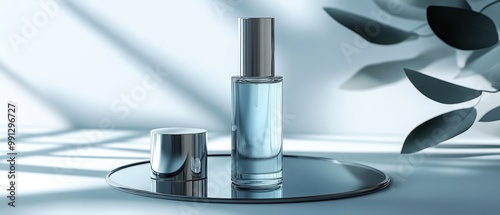 Elegant skincare bottle and lid with a serene backdrop, showcasing beauty and minimalism in product photography.