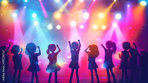 Glamorous background with kids performing on stage in a school play, surrounded by colourful stage lights