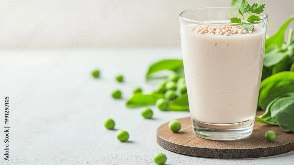 A high-quality close-up article photograph of pea protein with a glass of pea protein shake and scattered pea pods in the background. A high-quality close-up article photograph of pea protein with a glass of pea protein shake and scattered pea pods in the background.