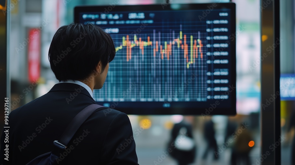 Business professional observing stock market trends on digital display in a bustling urban environment during evening hours Business professional observing stock market trends on digital display in a bustling urban environment during evening hours