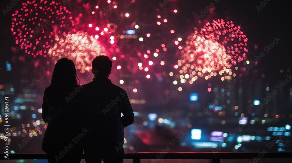 Couple Watching Fireworks from Rooftop at Night Couple Watching Fireworks from Rooftop at Night
