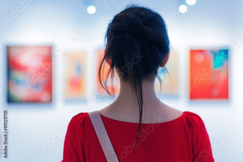 A woman looking at colorful paintings in an art gallery, with a white wall in the background. The close-up rear view shows the woman's back, wearing a red shirt