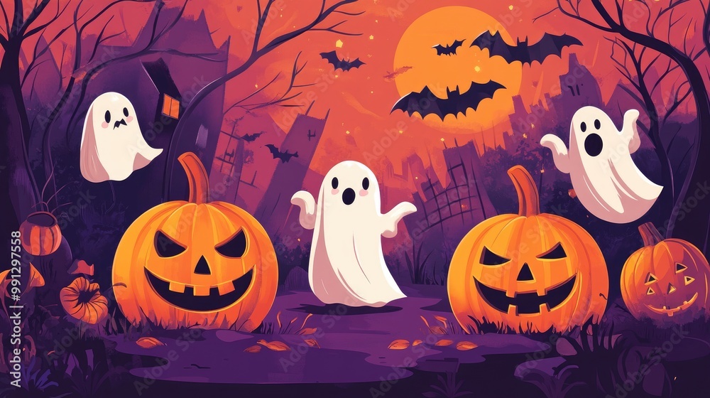 Halloween decoration illustration featuring spooky elements like pumpkins, ghosts, and bats, perfect for festive themes Halloween decoration illustration featuring spooky elements like pumpkins, ghosts, and bats, perfect for festive themes