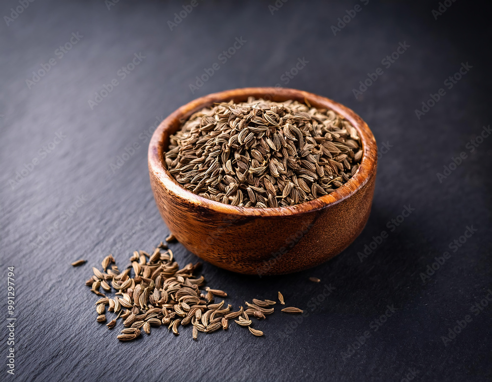 Cumin seeds in a wooden bowl on a black background. Selective focus, copy space Cumin seeds in a wooden bowl on a black background. Selective focus, copy space