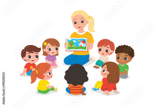 Kindergarten teacher reading and telling a story to children group showing book spread picture. Teacher talks to student sit on floor in circle and listen to her.