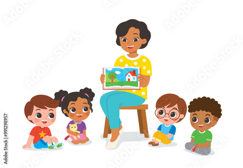 Kindergarten teacher reading and telling a story to children group showing book spread picture. Teacher talks to student sit on floor in circle and listen to her.