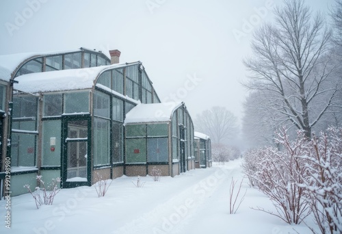 Large Greenhouse with Snow on the Roof and Trees in Front