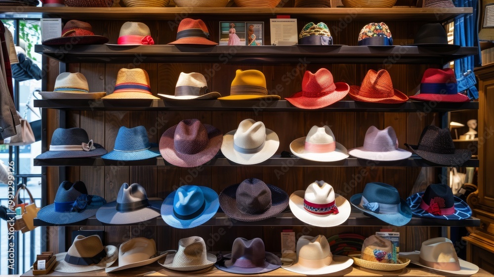 custom made wallpaper toronto digitalA store wall displays colorful hats on shelves organized by color and brim width, catering to diverse customer tastes in a cozy setting.