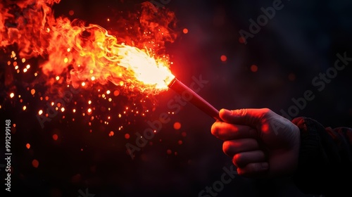 Hand holding a bright flare with vivid flames against a dark background. photo