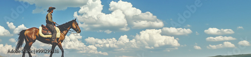 wide western vintage photo style scene featuring a cowboy mounted on his horse with a big sky of clouds and the top of a far off mountain range on the horizon photo