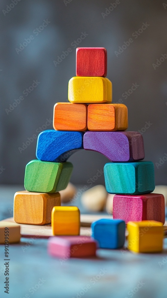 Colorful wooden building blocks stacked in an arch formation, showcasing vibrant hues and creative play. Blurred background highlights the focus on toy construction. Colorful wooden building blocks stacked in an arch formation, showcasing vibrant hues and creative play. Blurred background highlights the focus on toy construction.