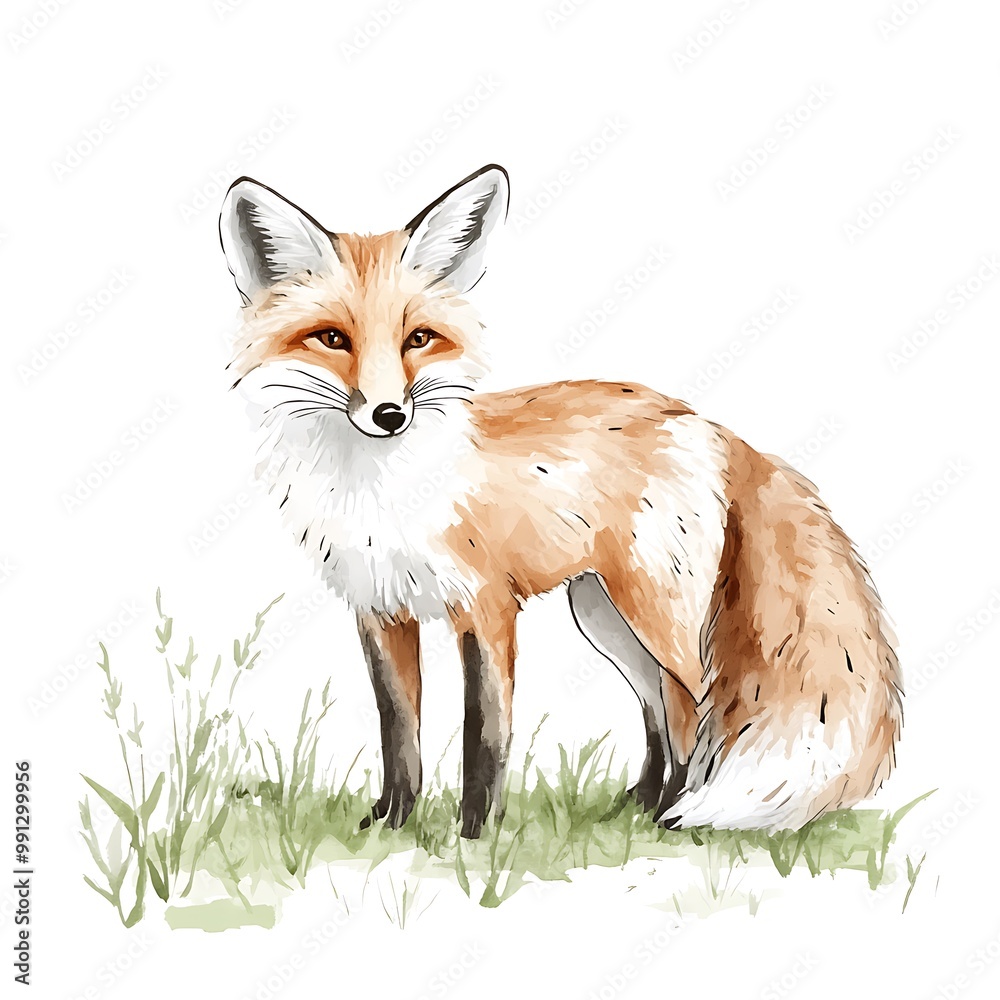 Obraz premium Watercolor Illustration of a Red Fox Standing in the Grass.